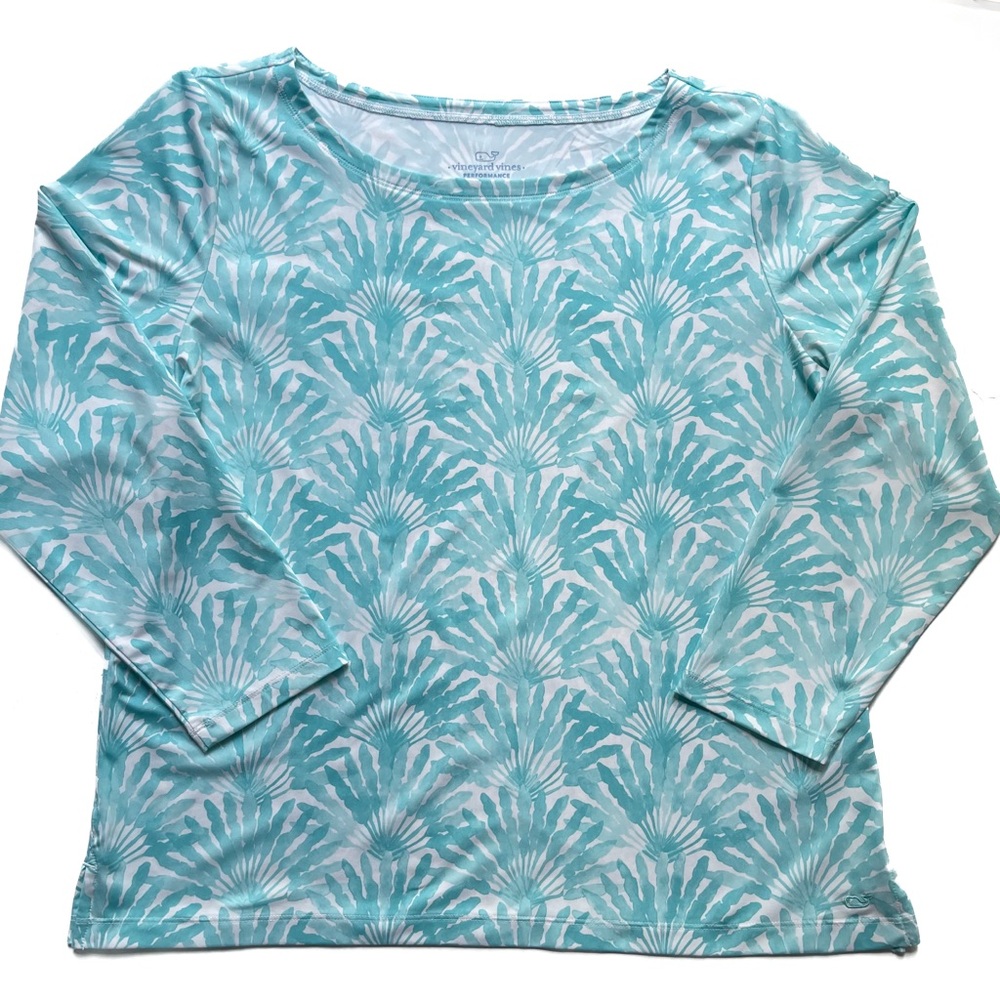 Vineyard Vines Performance Andros‎ Blue Floral Fan Sankaty Boatneck Top XL Palms